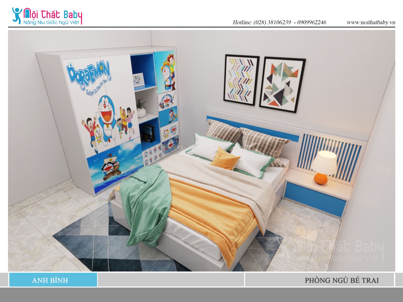Phòng ngủ bé trai màu xanh họa tiết Đô Rê Mon